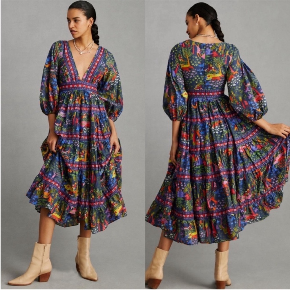 FARM Rio Animal Utopia Floral Jungle Print Puff Sleeve Midi Dress XS NWT